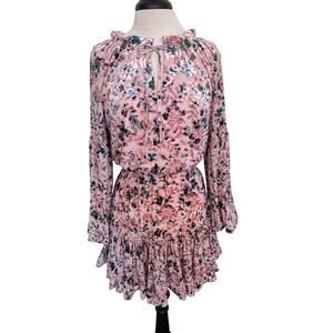 BUDDY LOVE Velvet Pink Floral Ruffled Elastic Waist 3/4 Sleeve Mini Dress Small
